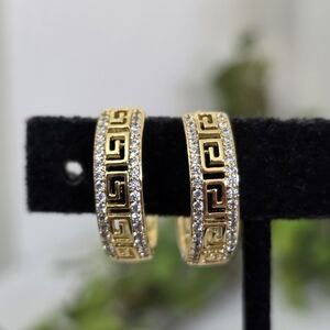 Gold Filled Pave Huggie Hoop Earrings Greek Key Design